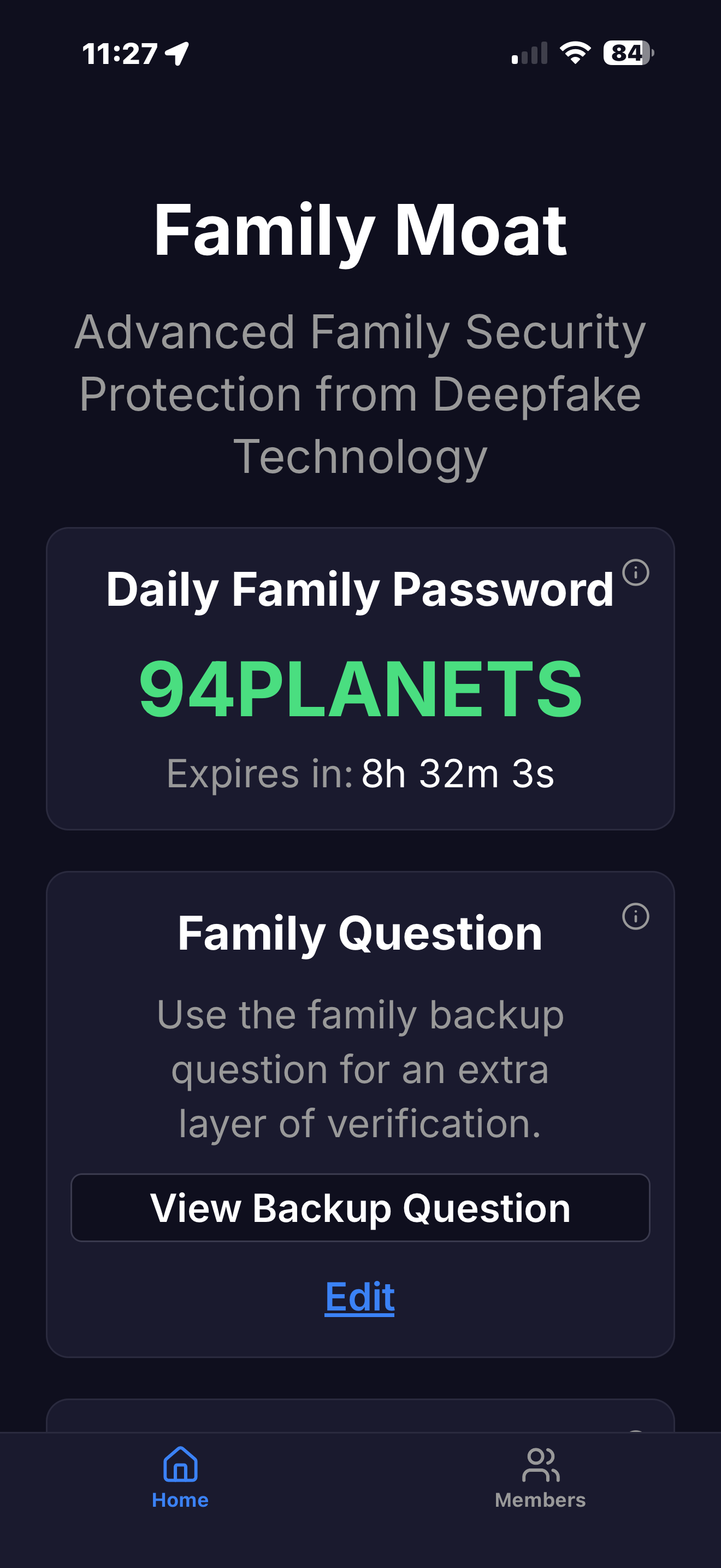 Family Moat app showing daily family password 94PLANETS and the backup family question