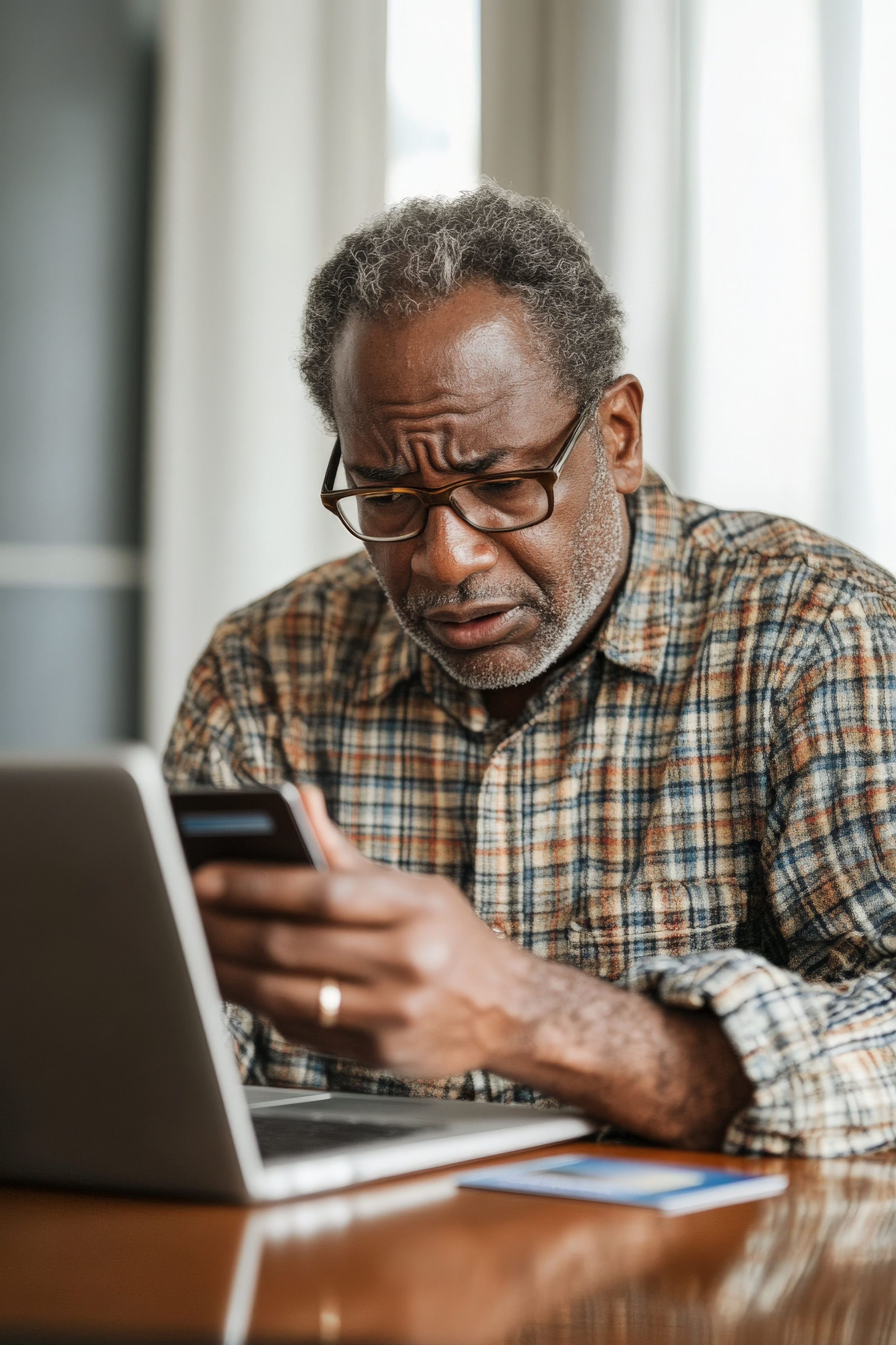 An older man looking worried at his phone and laptop while holding a bank card